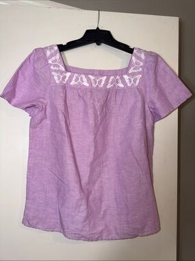 Talbots Lilac Butterfly-Embroidered Linen Blend Square-Neck Blouse